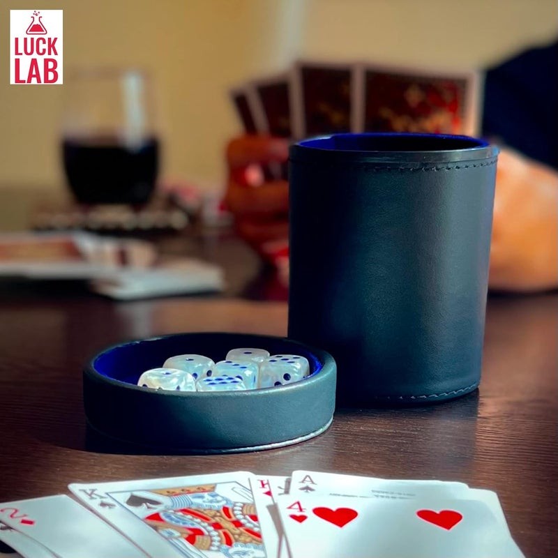 Luck Lab Black Leather Dice Cup with Lid Including 6 Matching Pearl Dice - Blue Velvet Interior for Quiet Shaking - Use for Liars Dice Farkle Yahtzee Board Games, Black - Image 5